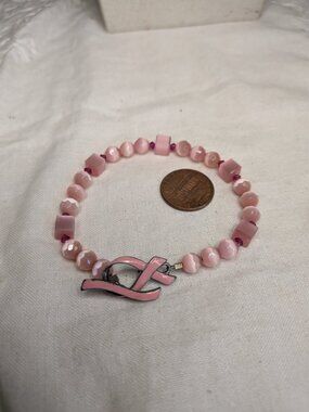 Vintage Pink Cat’s Eye Bracelet — Breast Cancer Awareness Ribbon 6.5